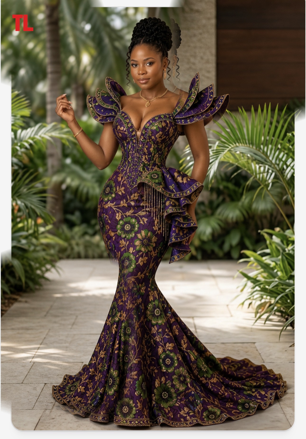 Woman wearing a flowing gown with purple, green and gold embroidery, standing in a garden