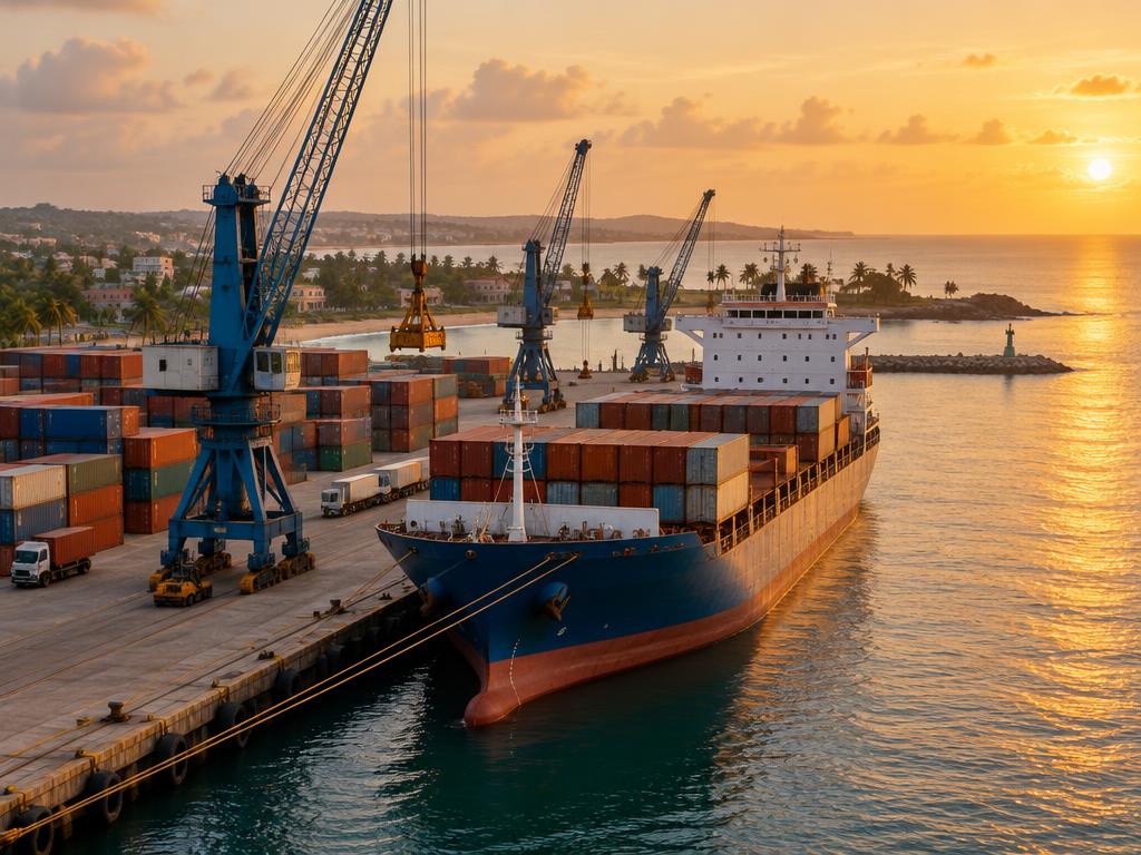 Illustrative scene: a cargo vessel moored beside harbour cranes and stacked containers at a West African port at golden hour; not a documentary photograph of the named facility