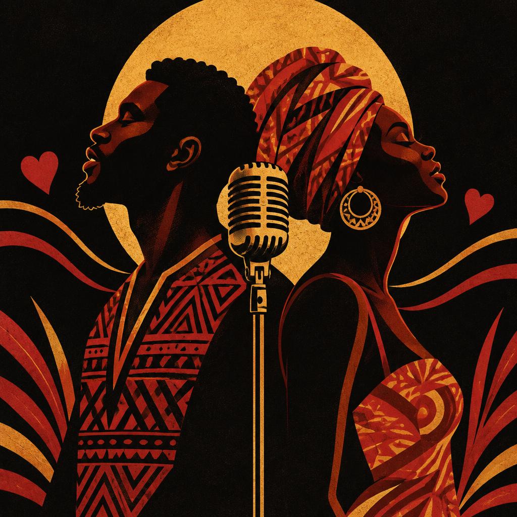 Illustrative scene: an illustration of two singers sharing a vintage microphone; not a photograph of the people or event reported
