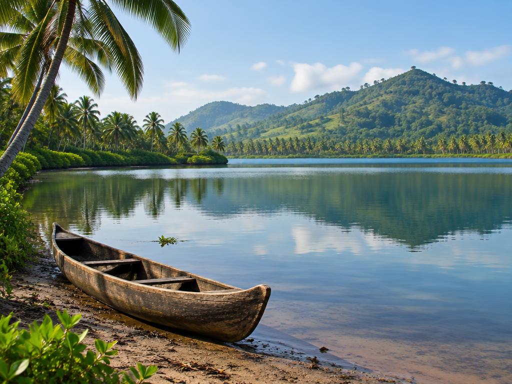 Illustrative lagoon with a wooden canoe, palm-lined banks and green hills; not a documentary photograph of Lake Piso