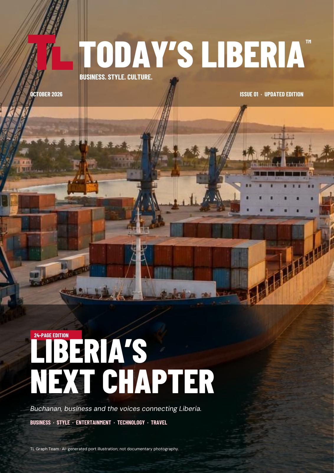 Today’s Liberia October 2026 updated 24-page Issue 01, Liberia’s Next Chapter: AI-generated cargo-port illustration, not a documentary photograph of Buchanan.